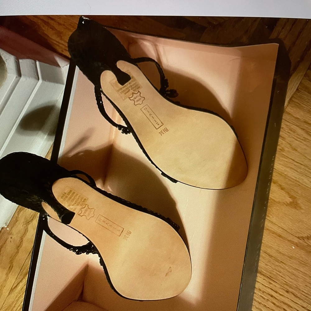 New black leather, sequins adorned, evening  sandals. It’s M, but not tight!
